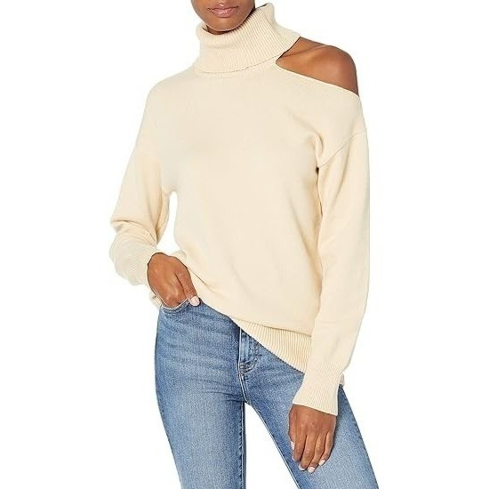 The Drop Women's Long-Sleeve XXS Cutout Loose Turtleneck Sweater - Cream Colored